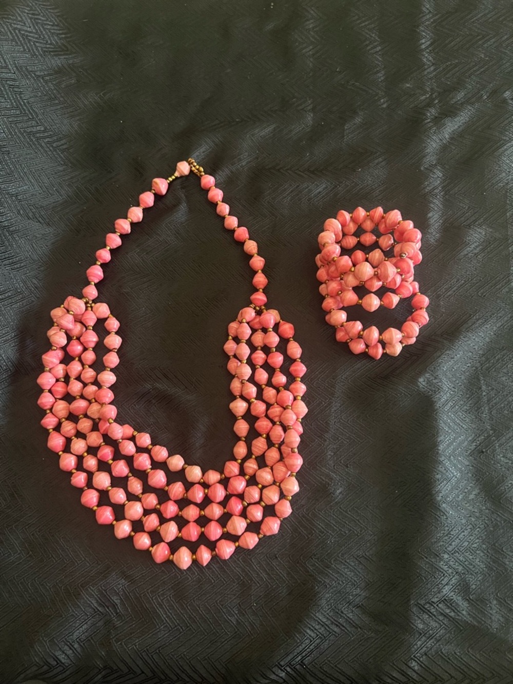 Hand Crafted Coral Pink Multi-Strand Bead Necklace with Matching Bracelet Set